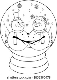 Cute snowmen inside a snow globe. Vector black and white coloring page.
