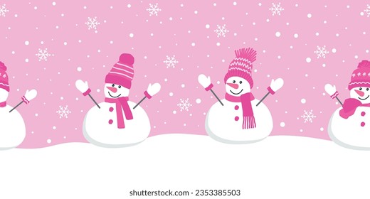 Cute snowmen on pink. Seamless border. Christmas background. Funny snowmen in pink hats and scarfs under snow. Vector illustration