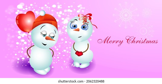 Cute snowmen on a pink snowy background. Vector illustration for Christmas and New Year.

