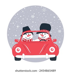 Cute snowmen in a red car. Christmas Greeting card template. Two snowmen in black hats and red scarves. Winter Vector illustration on gray background with snowfall, snowflakes