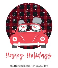 Cute snowmen in a red car. Christmas Greeting card template. Two snowmen in gray hats and scarves. Winter Vector illustration on classic winter background with snow, snowflakes. Text Happy Holidays