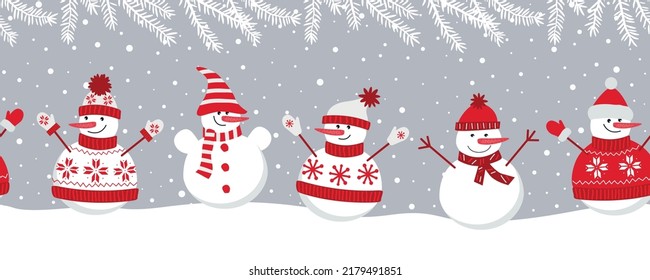 Cute snowmen rejoice in winter holidays. Seamless border. Christmas background. Five different snowmen in red winter clothes under the snow. Can be used as a template for a greeting card. Vector 