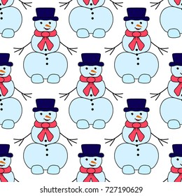 Cute snowmen seamless pattern on color background with snowflake. Vector illustration for new year and christmas design