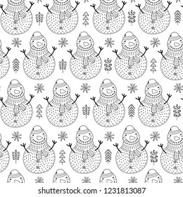 Cute snowmen seamless pattern. Winter coloring page. Black and white Christmas background. Vector illustration