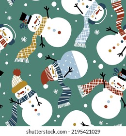 Cute snowmen seamless vector pattern. Perfect for textile, wallpaper or print design.