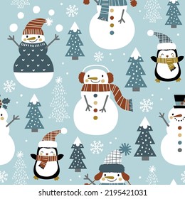 Cute snowmen seamless vector pattern. Perfect for textile, wallpaper or print design.