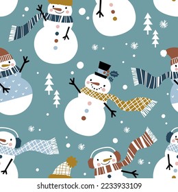 Cute snowmen seamless vector pattern. Perfect for textile, wallpaper or print design.