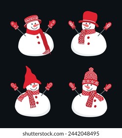 Cute snowmen. Set. Four different snowmen in beautiful winter red clothes. Can be used as a template for a greeting card.  Vector illustration