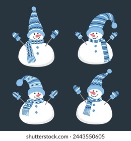 Lindos muñecos de nieve. Set. Cuatro diferentes muñecos de nieve en hermosas ropas azules de invierno. Plantilla de tarjeta de felicitación. Ilustración de vector
