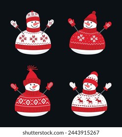 Cute snowmen. Set. Four different snowmen in beautiful red winter clothes. Greeting card template. Vector illustration