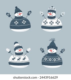 Cute snowmen. Set. Four different snowmen in beautiful blue winter clothes. Greeting card Template. Vector illustration on gray