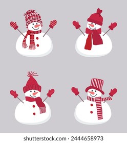 Cute snowmen. Set. Four different snowmen in beautiful red winter clothes. Greeting card template. Vector illustration on gray