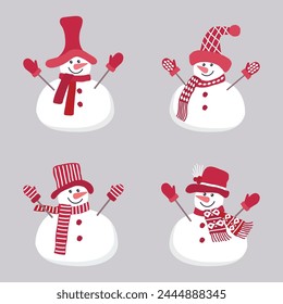 Lindos muñecos de nieve. Set. Cuatro diferentes muñecos de nieve en hermosas ropas rojas de invierno. Plantilla de tarjeta de felicitación. Ilustración vectorial en gris