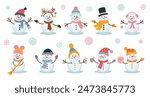 Cute snowmen set. Nursery art style. Winter characters in scarf and hat. Christmas stickers collection.