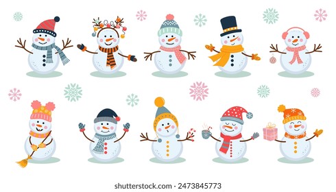 Cute snowmen set. Nursery art style. Winter characters in scarf and hat. Christmas stickers collection.