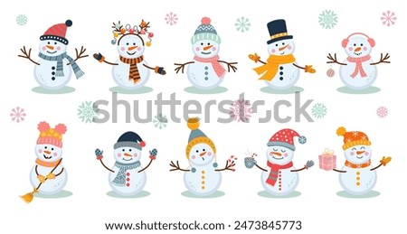 Cute snowmen set. Nursery art style. Winter characters in scarf and hat. Christmas stickers collection.