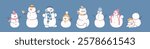 Cute snowmen set. Snow men, festive winter cold characters from snowballs, in hat, scarf, headphones, clothes, with arm sticks and carrots. Christmas fun. Kids isolated flat vector illustration