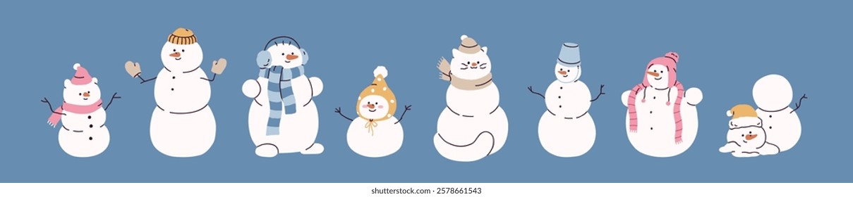 Cute snowmen set. Snow men, festive winter cold characters from snowballs, in hat, scarf, headphones, clothes, with arm sticks and carrots. Christmas fun. Kids isolated flat vector illustration