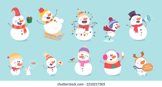 Cute snowmen set vector illustration. Cartoon snowman characters with scarf and megaphone greeting with happy Christmas wishes and gift, playing with bird and winter rabbit isolated on blue background