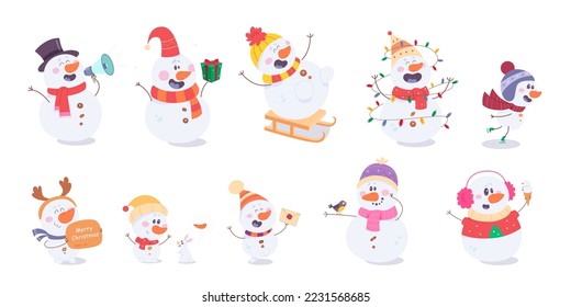 Cute snowmen set vector illustration. Cartoon snowman characters with scarf and megaphone greeting with happy Christmas wishes and gift, playing with bird and winter rabbit isolated on white