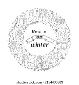 Hombres de nieve con forma de círculo.Ilustración vectorial en estilo doodle. Ánimo de invierno. Hola 2023. Feliz Navidad y Feliz Año Nuevo.