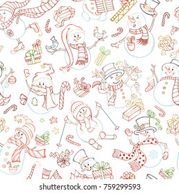 Cute snowmen are singing, skating, skiing. Candy canes, gift boxes, Christmas baubles, birds, garland, stars. Vector seamless pattern. Outlined objects on white background. 