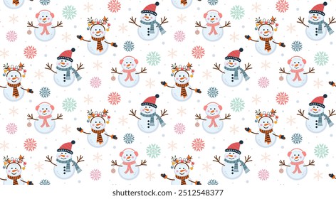 Cute snowmen and snowflakes seamless pattern. Colorful winter backdrop. Christmas print for textile, wrapping paper.