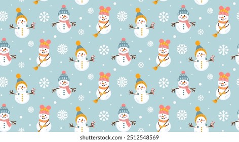 Cute snowmen and snowflakes seamless pattern. Colorful winter backdrop. Christmas print for textile, wrapping paper.