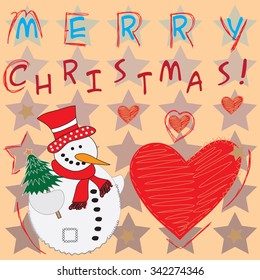 cute snowmen with stars and hearts and christmas tree vector illustration