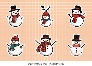 Cute Snowmen Vector Stickers Set