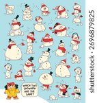 Cute snowmen in winter clothes on a blue background. Find two identical snowmen puzzle for kids. Fun Christmas educational game with cartoon snowmen and festive mood. Cartoon vector illustration