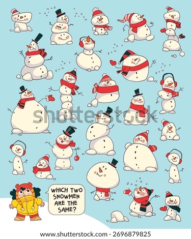 Cute snowmen in winter clothes on a blue background. Find two identical snowmen puzzle for kids. Fun Christmas educational game with cartoon snowmen and festive mood. Cartoon vector illustration