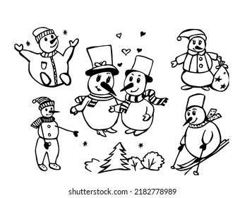 Cute snowmen. Winter time. Line sketch