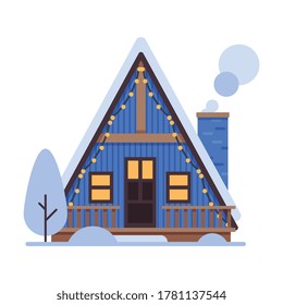 Cute Snowy House, Blue Suburban Cottage Building with Glowing Windows Vector Illustration
