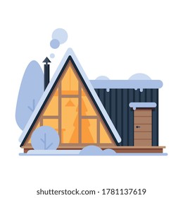 Cute Snowy House, Suburban Winter Cottage Building with Glowing Windows and Smoking Chimney Vector Illustration