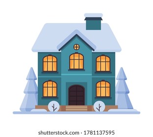 Cute Snowy House, Two Storey Cottage Building with Glowing Windows Vector Illustration