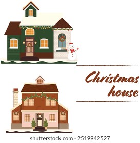 Cute Snowy Houses Collection, Suburban Cottage Buildings with Glowing Windows Vector Illustration