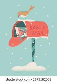 Cute snowy Mailbox with letters for Santa Claus. Traditional decorative Christmas red box with bird on the top. Symbol of kids wishes and dreams. Vector Illustration