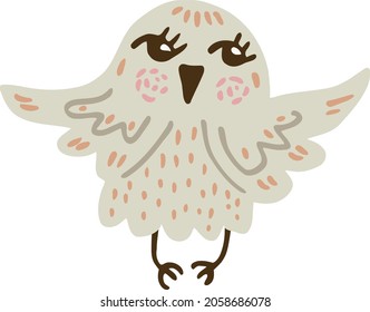 Cute snowy owl. Winter bird in flat cartoon style. Big-eyed character - white polar owl flaps its wings. Hand-drawn kind Arctic wildlife illustration for children. Nice animal. Wise magical pet.