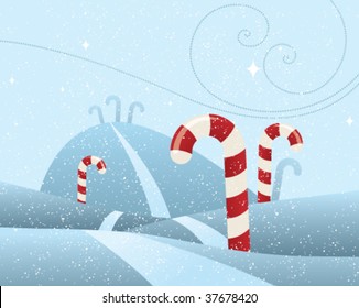 cute snowy scene with candy cane trees, snowy hills, and a starry sky.