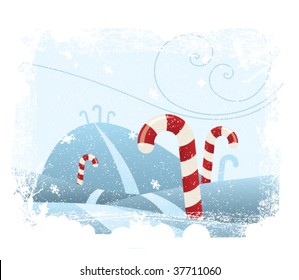 A cute snowy scene with candy cane trees, snowy hills, and a starry sky. The snowflakes and wind express the bitter cold.