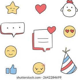 Cute sns emoji and emoticon doodles vector illustration. Clipart of like, love, party, star, bubble chat isolated hand drawn cartoon for asset, material, design, decoration