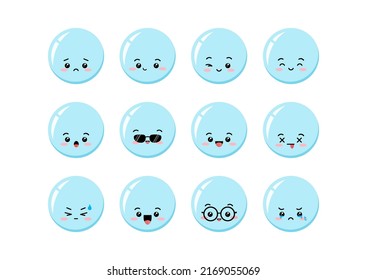 Cute Seifenblase Charakter kawaii Set. Kinderbademaskottchen mit kreisförmigem Gesicht. Es ist sonnig, traurig, überrascht, weinend, in Brillen, Sonnenbrillen Blase Emoji Icon Sammlung. Vektorgrafik-Illustration.