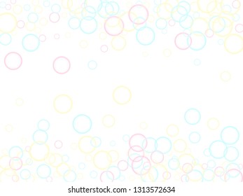 Cute soap bubbles abstract vector background. Pink yellow and blue bokeh lights. Kids bubbles for play. Soft colors circles flying desugn. Childish magic flying sheres.