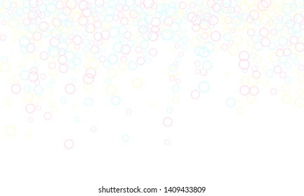 Cute soap bubbles abstract vector background. Pink yellow and blue bokeh lights. Kids bubbles for play. Cartoon purity background. Childish magic flying sheres.