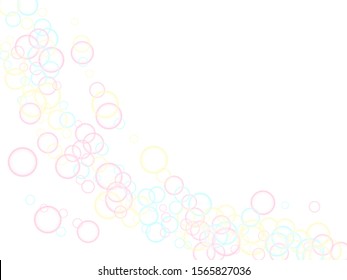 Cute soap bubbles abstract vector background. Pastel pink yellow blue circles. Kids bubbles for play. Pretty minimal background. Childish magic flying sheres.