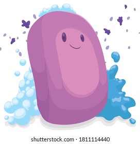 Cute soap with bubbles, water and lavender petals washing away the dirt, with its cleaning power and sweet fragrance.