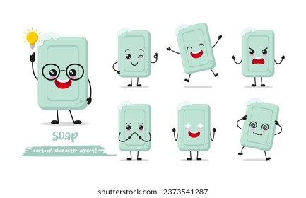 cute soap cartoon with many expressions. bath different activity pose vector illustration flat design set.