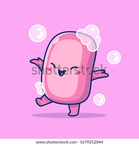 Cute Soap Cartoon Vector Icon Illustration. Healthy Mascot Character. Health And Medical Icon Concept White Isolated. Flat Cartoon Style Suitable for Web Landing Page, Banner, Flyer, Sticker, Card