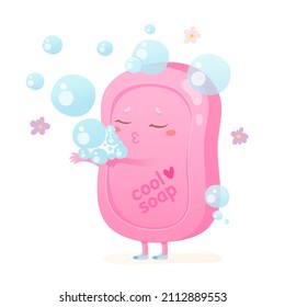 Cute soap character vector illustration. Cartoon pink soap emoji with kawaii face holding soft bubbles, bathroom hygiene for kids isolated on white. Sanitation product, baby cosmetics, nursery concept